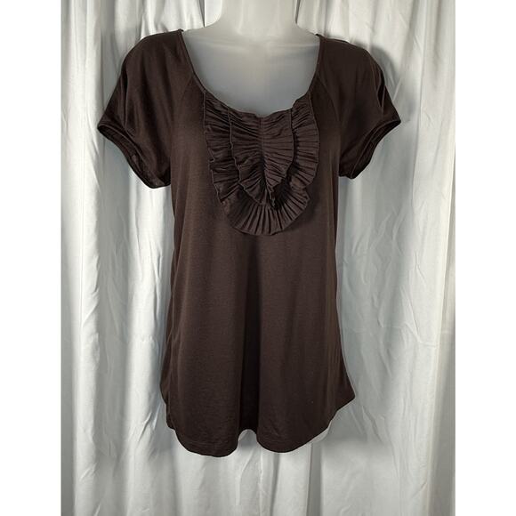 Ann Taylor Loft Vintage Ruffle Bib Scoop Neckline T-Shirt Brown S 88-10 - Picture 1 of 13
